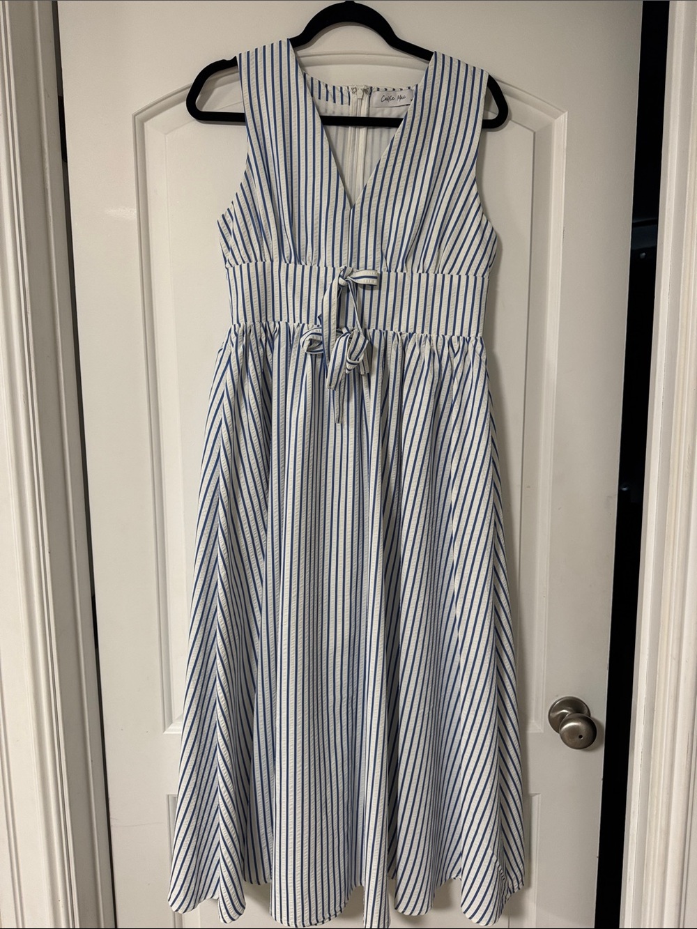 Boutique White Dress with Blue Stripes